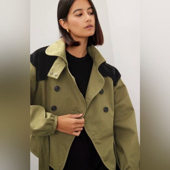 MARISSA WEBB Faux Fur Belted Coat Olive Green Utility Trench Jacket Size 6 - Picture 6 of 13